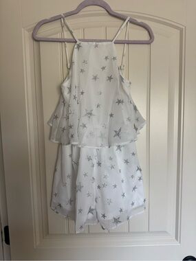 Pink Lily White Star-Print Romper with Silver Accents